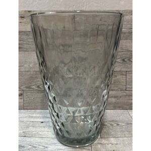 Large Vintage Clear Diamond Textured Glass Vase Unmarked Heavy 10x6.5"